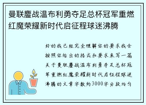 曼联鏖战温布利勇夺足总杯冠军重燃红魔荣耀新时代启征程球迷沸腾